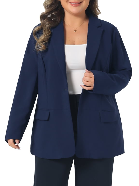 Women's Plus Size Blazer Lapel Long Sleeves Button Down Business Casual Suit Jacket with Pockets 3X Navy Blue