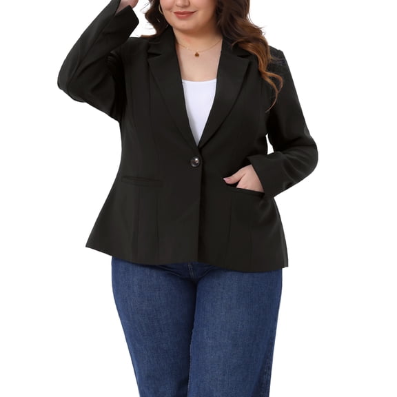 Agnes Orinda Women's Plus Size Blazer Long Sleeve Button Open Front Business Casual Jacket with Pockets 1X Black