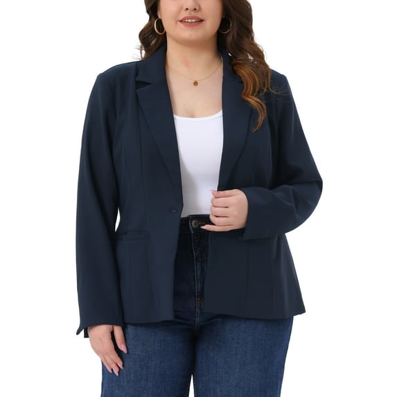 Agnes Orinda Women's Plus Size Blazer Long Sleeve Button Open Front Business Casual Jacket with Pockets 1X Navy Blue