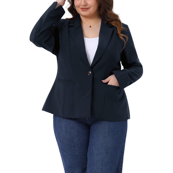 Agnes Orinda Women's Plus Size Blazer Long Sleeve Button Open Front Business Casual Jacket with Pockets 2X Dark Blue
