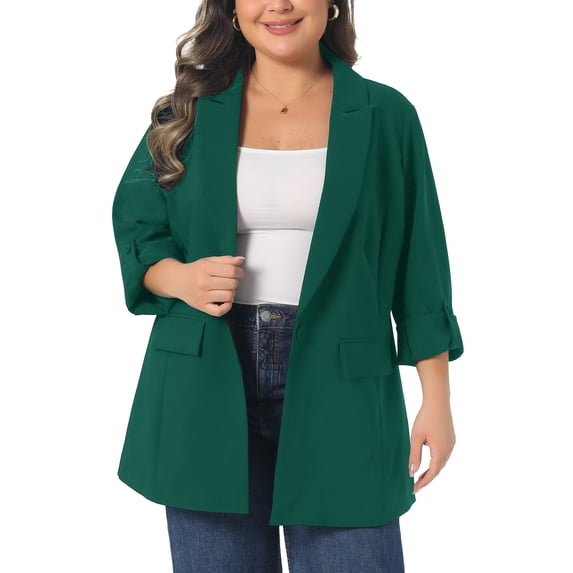 Agnes Orinda Women's Plus Size Blazer Notch Panel Button Casual Business Outfits Suit Jacket with Pocket 3X Dark Green