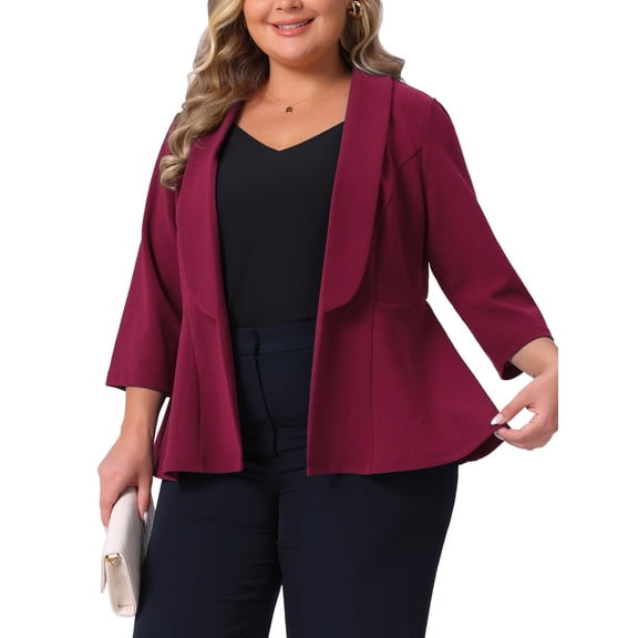 Agnes Orinda Women's Plus Size Blazers Lapel 3/4 Sleeve Peplum Open Front Casual Business Cardigan Jackets 3X Burgundy
