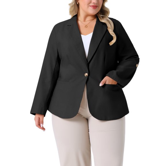 Agnes Orinda Women's Plus Size Blazers Lapel Button Up Linen Office Business Suit Jackets with Pocket 1X Black