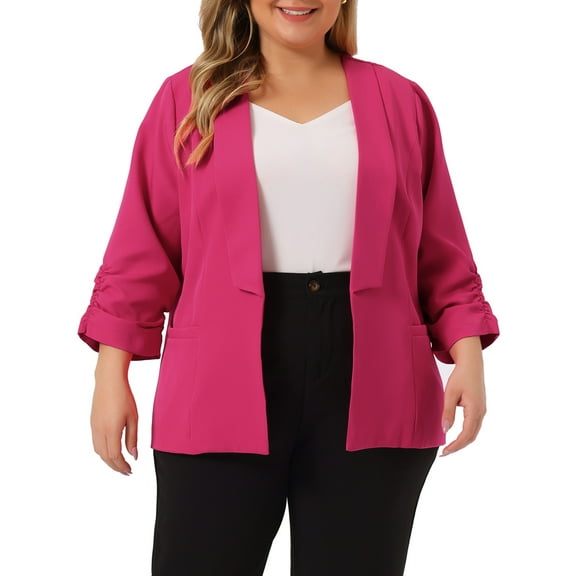 Agnes Orinda Women's Plus Size Blazers Lapel Collar Open Front 3/4 Sleeve Wear-to-Work Jackets 3X Hot Pink