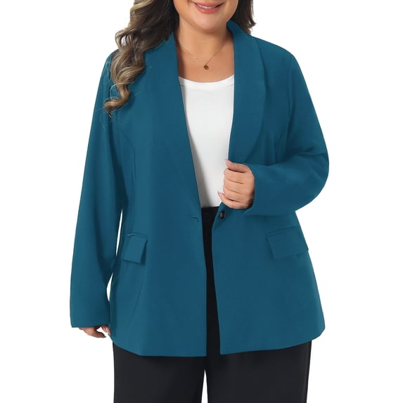 Agnes Orinda Women's Plus Size Blazers Lapel Long Sleeve Work Business Casual Suit Jacket with Button 1X Peacock Blue