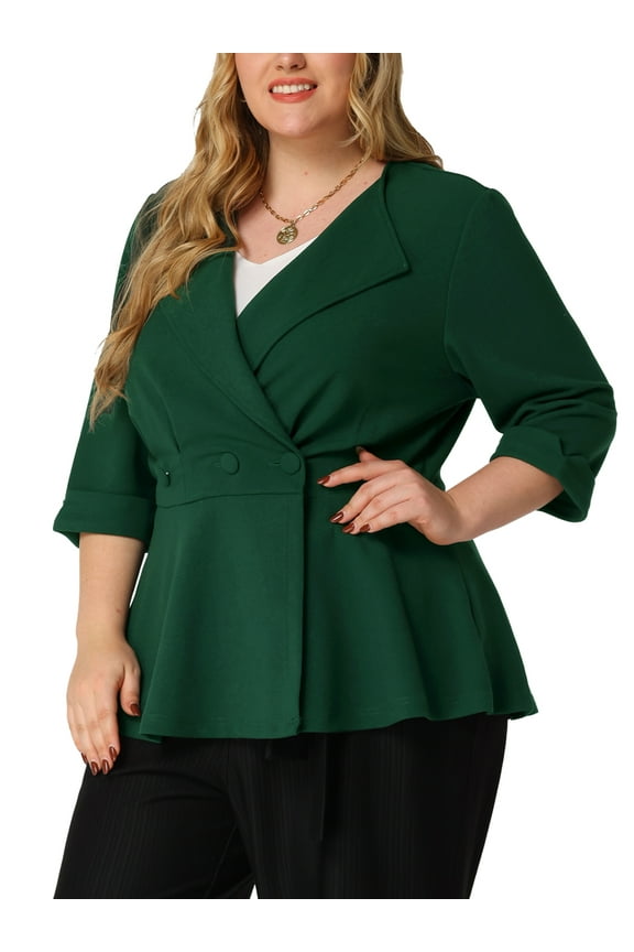 Women's Plus Size Blazers Notched Lapel Peplum Jacket Suit Blazer 1X Dark Green
