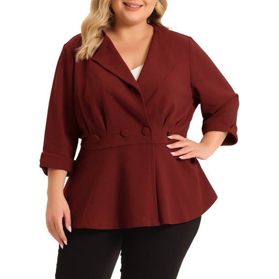 Agnes Orinda Women's Plus Size Blazers Notched Lapel Peplum Jacket Suit Blazer 4X Wine Red