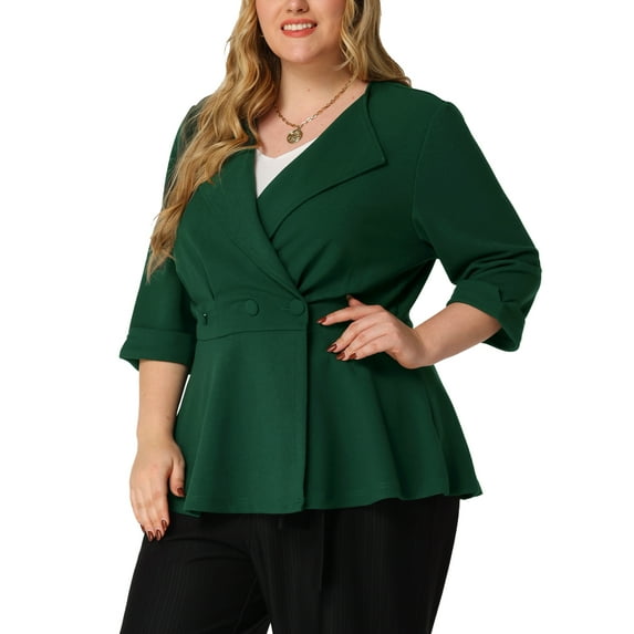 Agnes Orinda Women's Plus Size Blazers Notched Lapel Wear-to-Work Peplum Jacket Suit Blazer 1X Dark Green