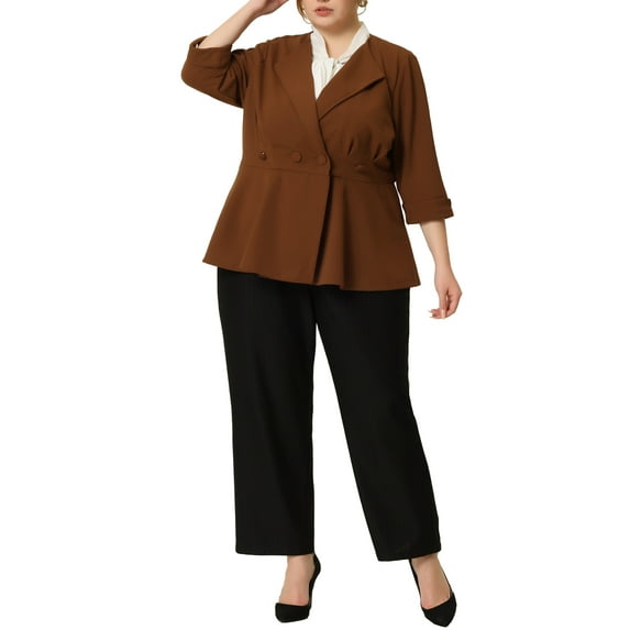 Agnes Orinda Women's Plus Size Blazers Notched Lapel Wear-to-Work Peplum Jacket Suit Blazer 3X Brown