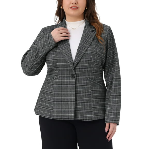 Plus Size Blazers for Women Business Casual Plaid Notched Lapel Long Sleeve Button Jacket with Pockets 4X Gray