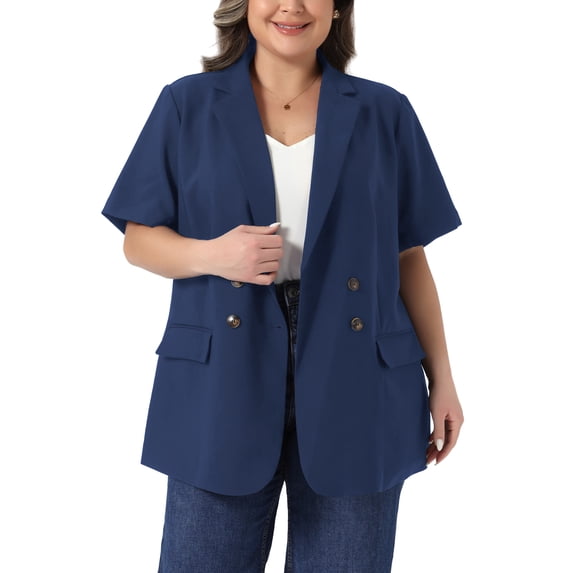 Agnes Orinda Women's Plus Size Blazers Short Sleeve Notched Lapel Double Breasted Business Casual Work Office Suit Jacket 3X Navy Blue