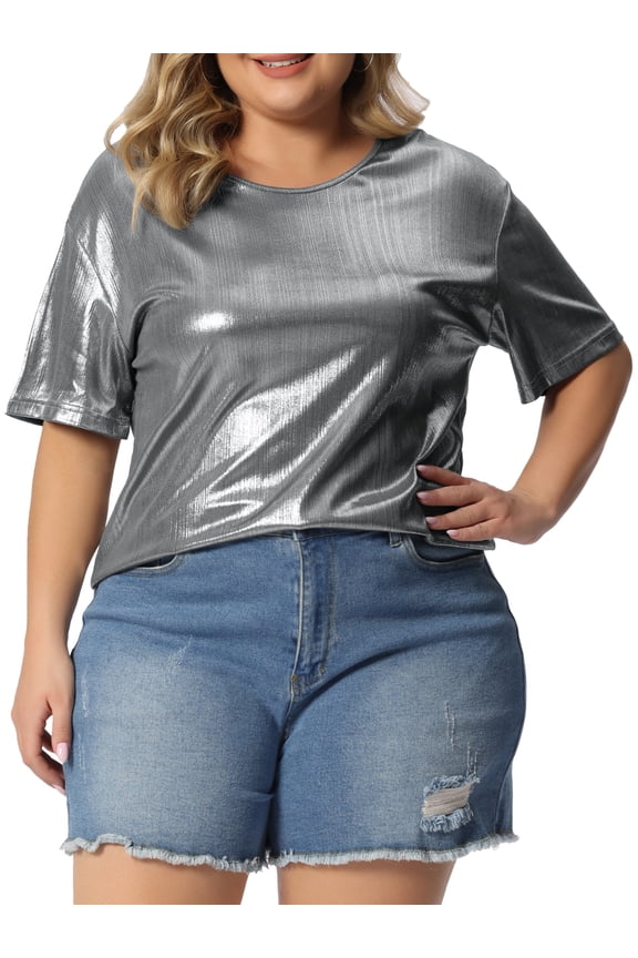 Women's Plus Size Tops Metallic Holographic Short Sleeve Concert Party Blouses 1X Silver