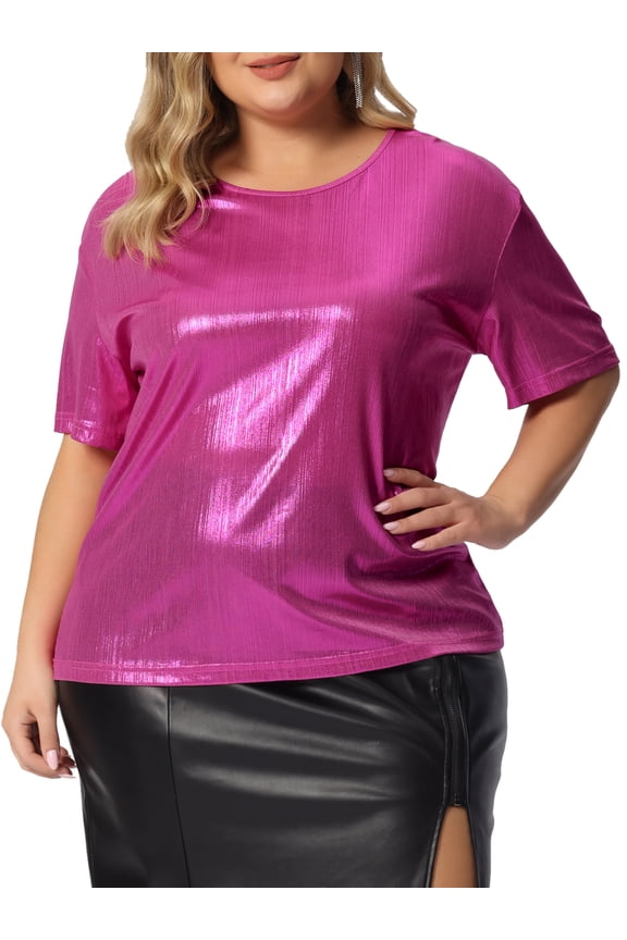 Women's Plus Size Tops Metallic Holographic Short Sleeve Concert Party Blouses 2X Hot Pink