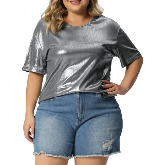 Agnes Orinda Women's Plus Size Tops Metallic Holographic Short Sleeve Concert Party Blouses 3X Silver