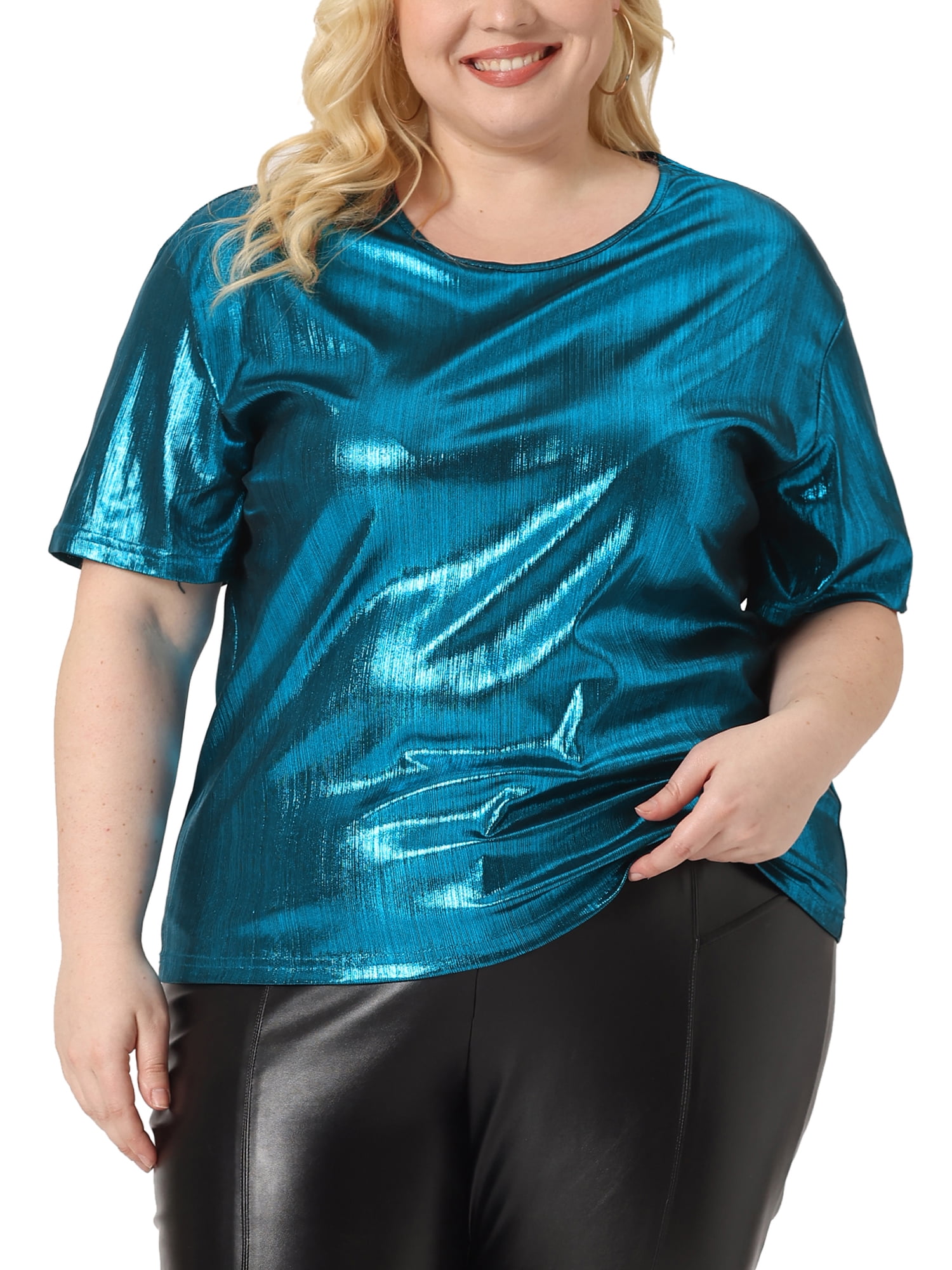 Agnes Orinda Women's Plus Size Tops Metallic Holographic Short Sleeve Concert Party Blouses 4X Blue
