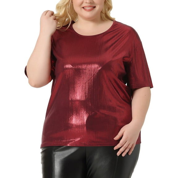 Agnes Orinda Women's Plus Size Tops Metallic Holographic Short Sleeve Concert Party Blouses 4X Burgundy