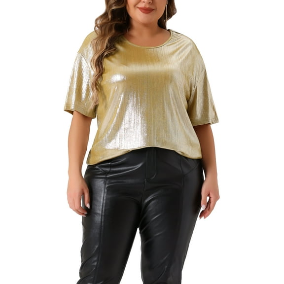 Agnes Orinda Women's Plus Size Tops Metallic Holographic Short Sleeve Concert Party Blouses 4X Champagne
