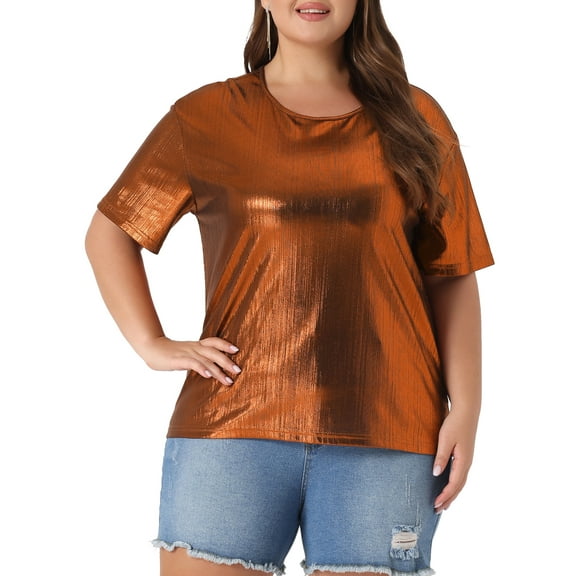 Agnes Orinda Women's Plus Size Tops Metallic Holographic Short Sleeve Concert Party Blouses 4X Orange