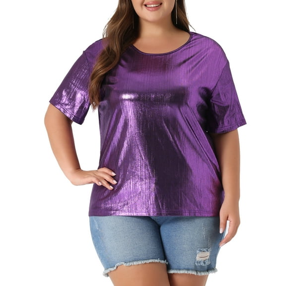 Agnes Orinda Women's Plus Size Tops Metallic Holographic Short Sleeve Concert Party Blouses 4X Purple