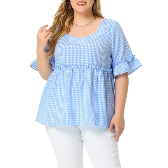 Agnes Orinda Women's Plus Size Blouse Short Sleeve Sweetheart Neck Plaid Peplum Tops 1X Blue