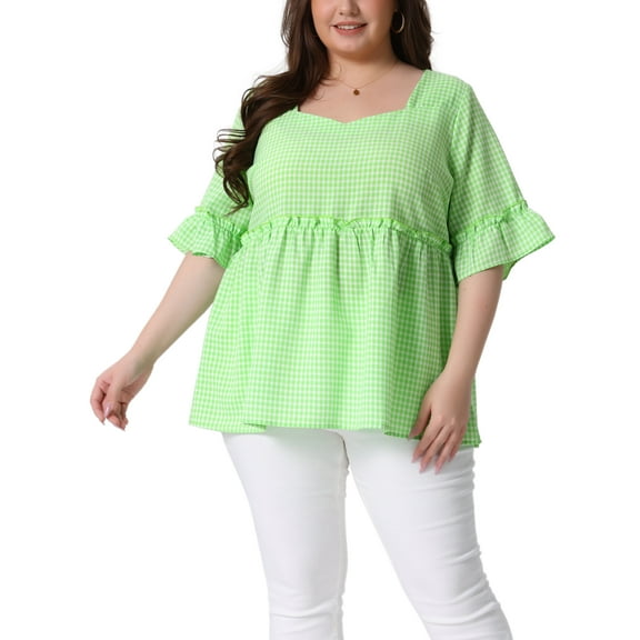 Agnes Orinda Women's Plus Size Blouse Short Sleeve Sweetheart Neck Plaid Peplum Tops 1X Green