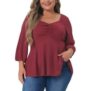 AGNES ORINDA Women's Plus Size Blouse Sweetheart V Neck Elbow Sleeve Front Ruched Peplum Tops Shirt 1X Burgundy