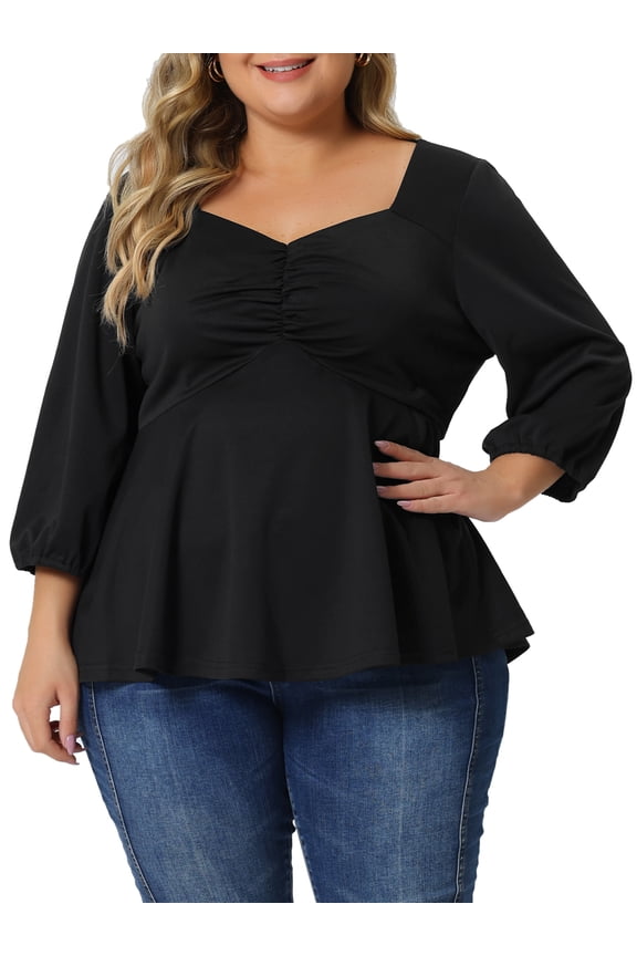 Women's Plus Size Blouse Sweetheart V Neck Elbow Sleeve Front Ruched Peplum Tops Shirt 3X Black
