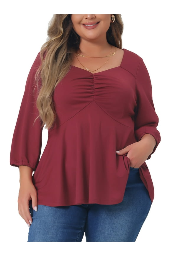 Women's Plus Size Blouse Sweetheart V Neck Elbow Sleeve Front Ruched Peplum Tops Shirt 3X Burgundy