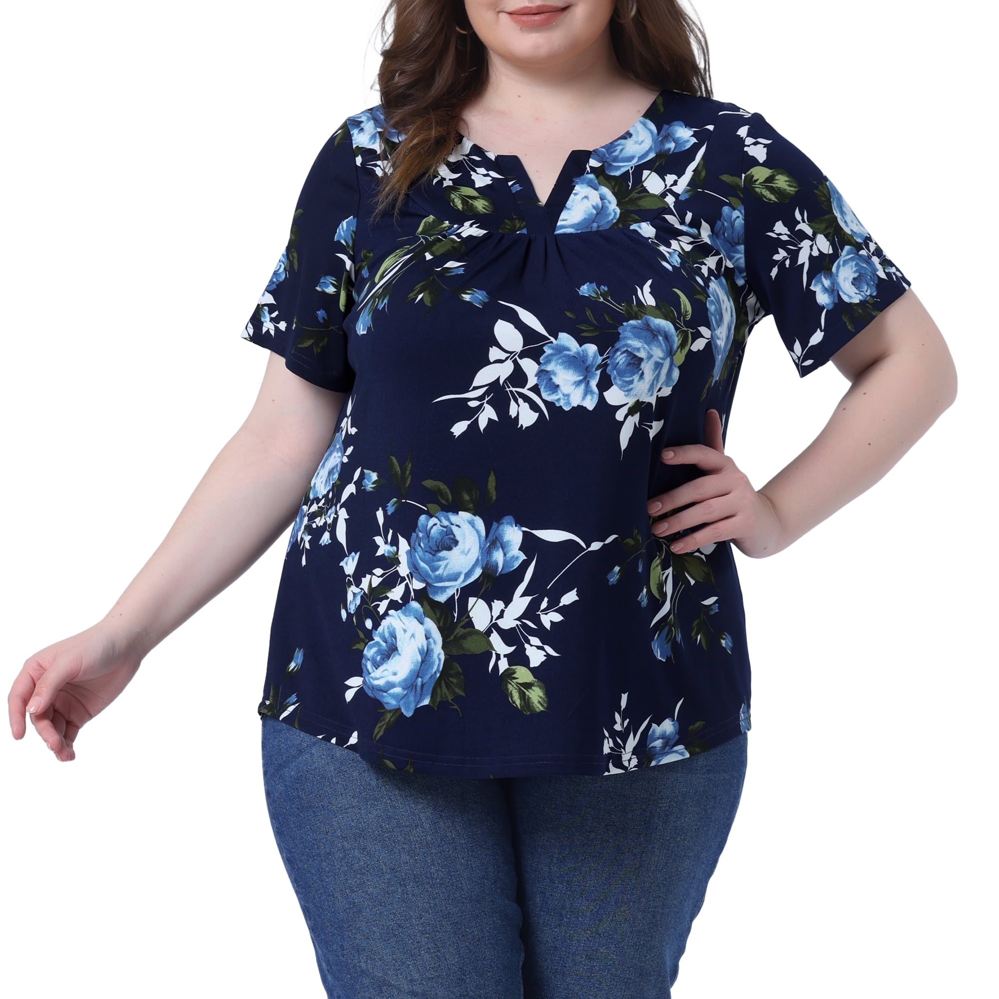 Agnes Orinda Women's Plus Size Blouse V Neck Floral Print Short Sleeve ...
