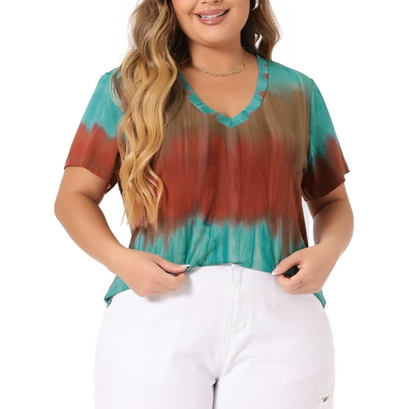 Agnes Orinda Women's Plus Size Blouses Casual V Neck Short Sleeve Tie Dye Summer Tops 1X Orange