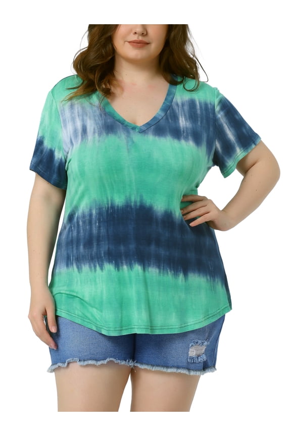Women's Plus Size Blouses Casual V Neck Short Sleeve Tie Dye Summer Tops 3X Green