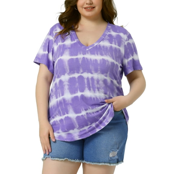 Agnes Orinda Women's Plus Size Blouses Casual V Neck Short Sleeve Tie Dye Summer Tops 4X Purple