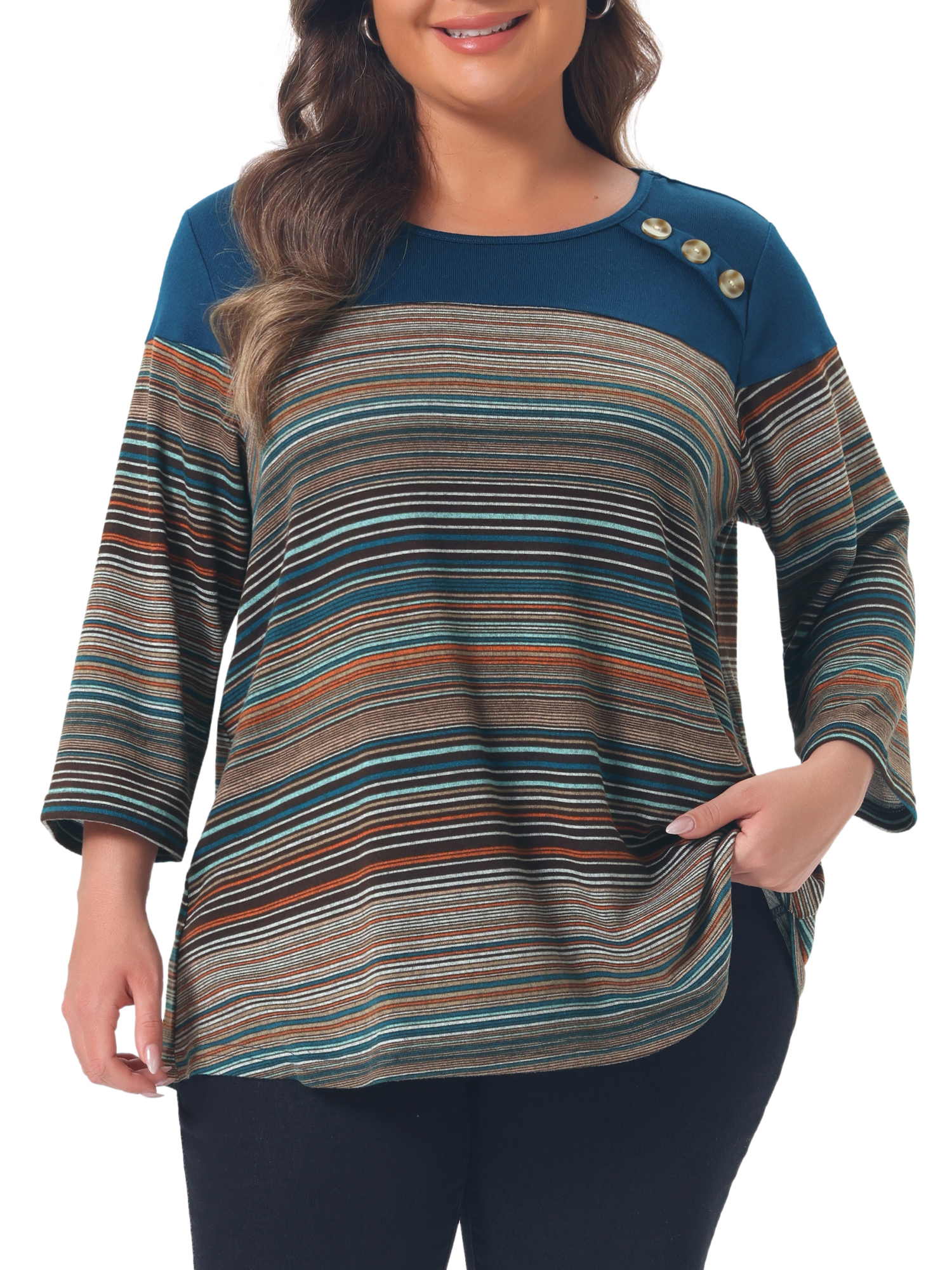 Agnes Orinda Womens Plus Size Blouses Color Block Striped Crew Neck 3/4 Sleeve Button Decor Patchwork Casual Tunic Tops 4X Blue