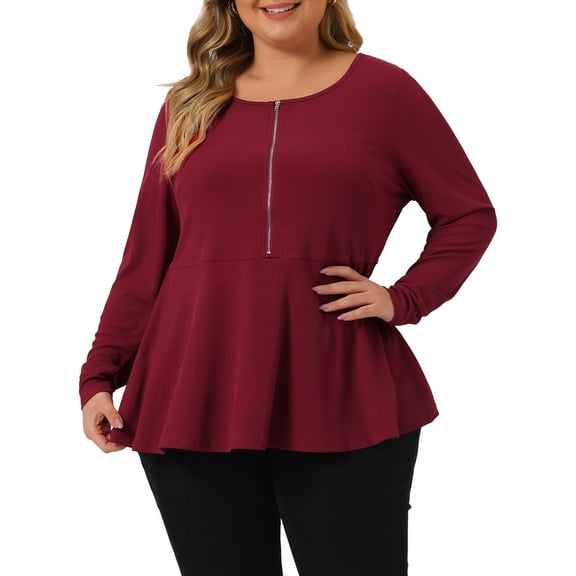 Agnes Orinda Women' s Plus Size Blouses Half Zip Up Long Sleeve Ruffle Shirts Solid Tops 1X Burgundy