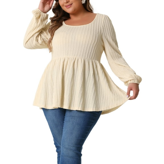 Agnes Orinda Plus Size Blouses for Women Scoop Neck Long Sleeve Peplum Knit Top 1X Beige