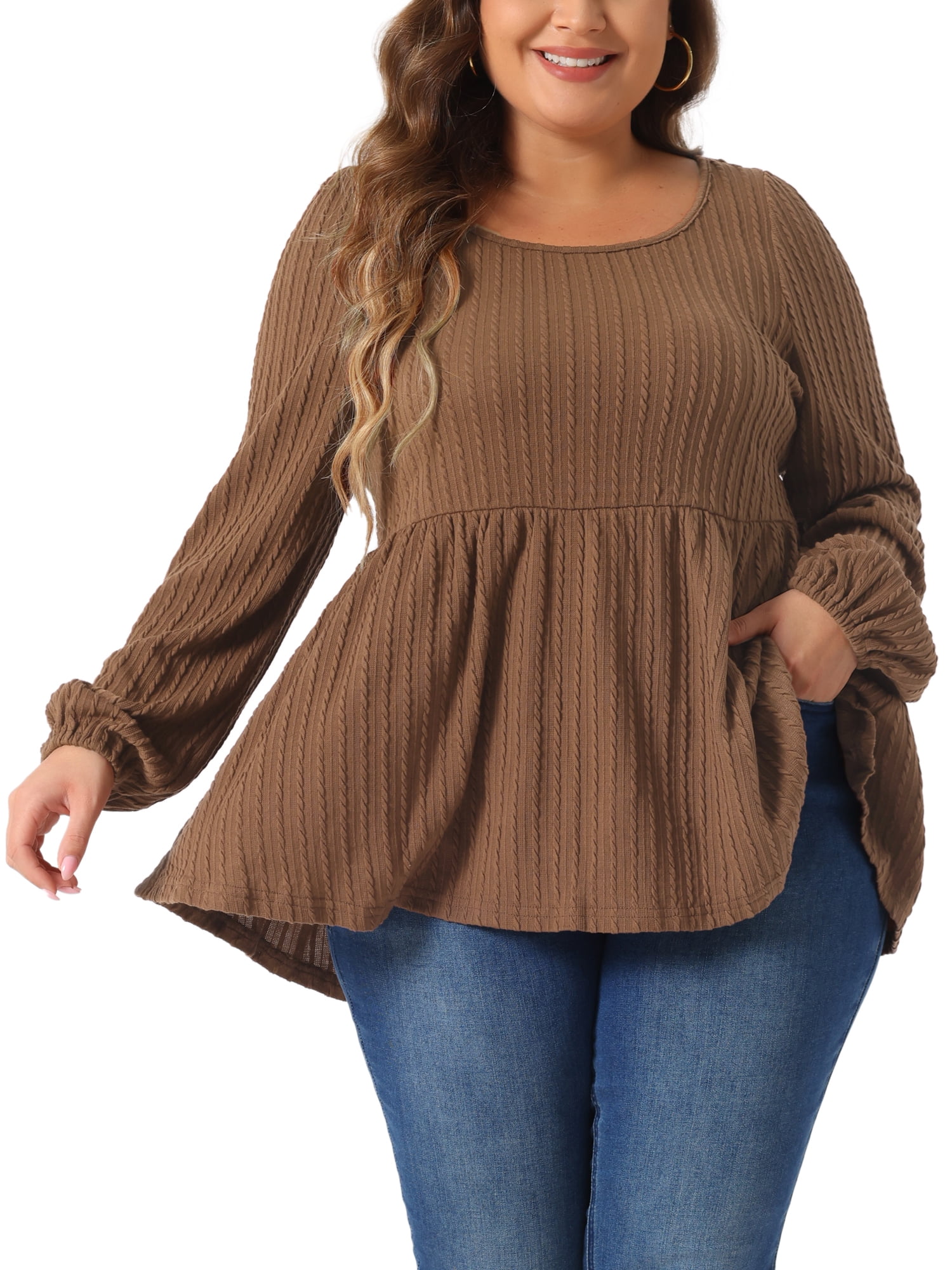 Agnes Orinda Plus Size Blouses for Women Scoop Neck Long Sleeve 