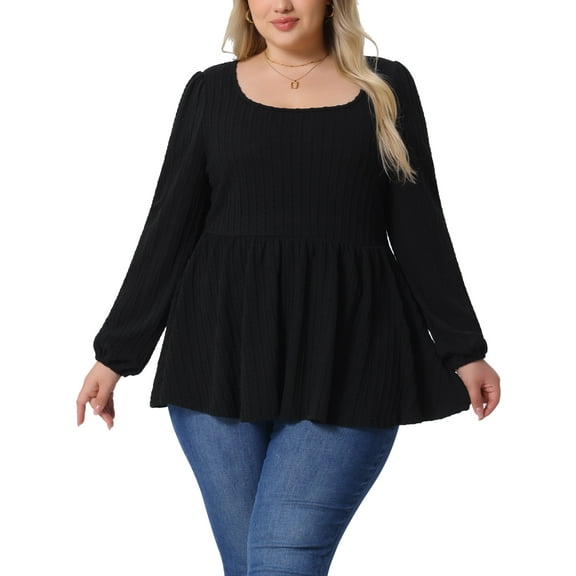 Agnes Orinda Plus Size Blouses for Women Scoop Neck Long Sleeve Peplum Knit Top 4X Black