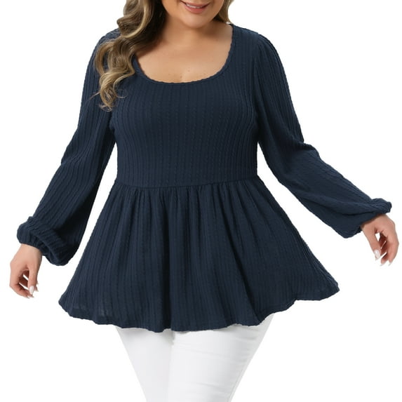 Agnes Orinda Plus Size Blouses for Women Scoop Neck Long Sleeve Peplum Knit Top 4X Dark Blue