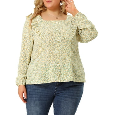 Agnes Orinda Women's Plus Size Babydoll Blouse Square Neck 3/4 Sleeve ...