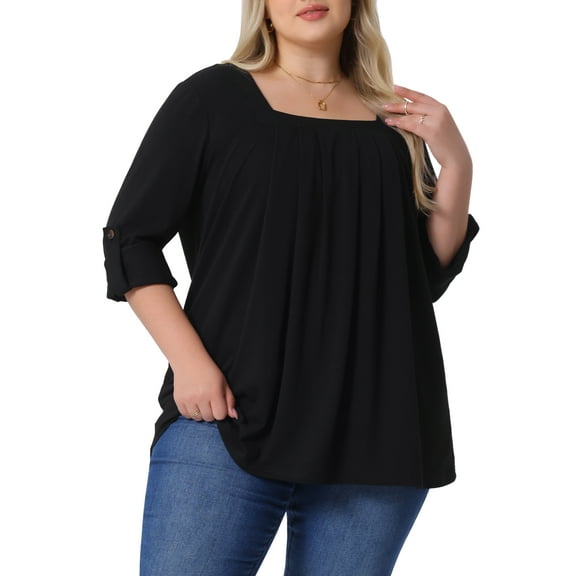Agnes Orinda Women's Plus Size Blouses Long Sleeve Square Neck Flowy Pleated Loose Fit Tunic Tops 2X Black