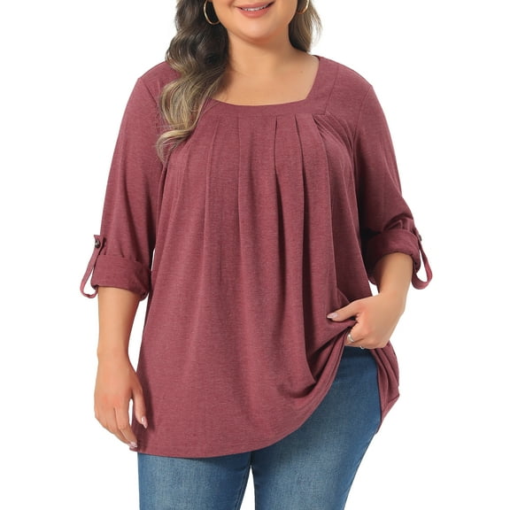 Agnes Orinda Women's Plus Size Blouses Long Sleeve Square Neck Flowy Pleated Loose Fit Tunic Tops 3X Burgundy