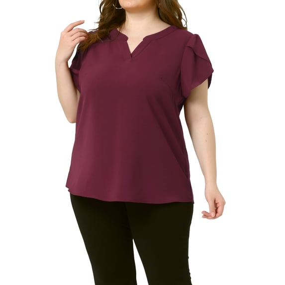 Agnes Orinda Women's Plus Size Blouses Notched V Neck Short Petal Sleeve Shirts Casual Tops 5X Burgundy
