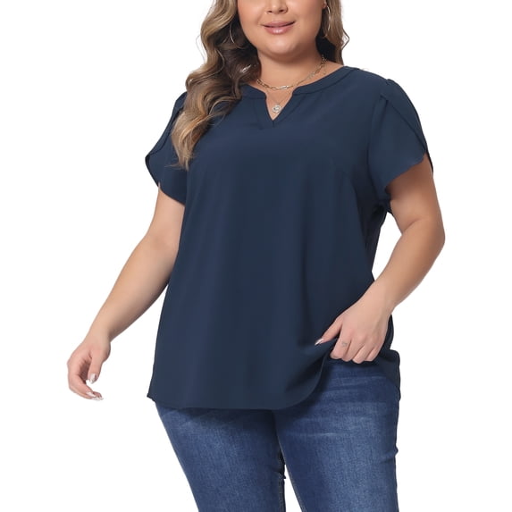 Agnes Orinda Women's Plus Size Blouses Notched V Neck Short Petal Sleeve Shirts Casual Tops L Dark Blue