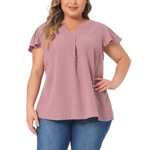 Agnes Orinda Women's Plus Size Blouses Swiss Dots Notched Neck Ruffle Sleeve Cute Basic Tops 2X Gray Purple