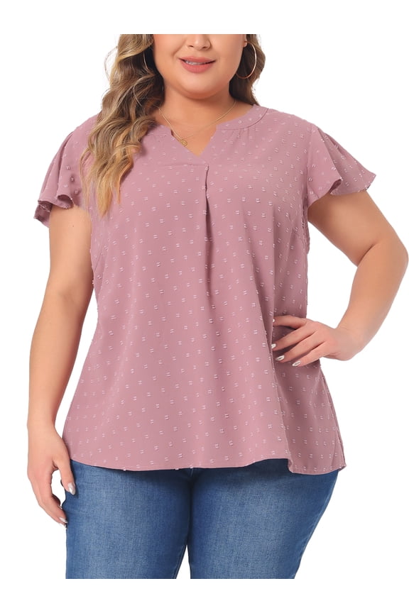 Women's Plus Size Blouses Swiss Dots Notched Neck Ruffle Sleeve Cute Basic Tops 4X Gray Purple