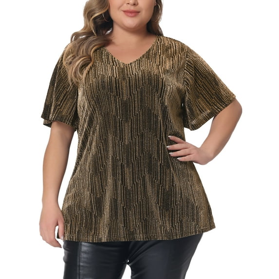 Agnes Orinda Women's Plus Size Blouses V Neck Metallic Short Sleeve T-Shirt Party Tops 2X Gold