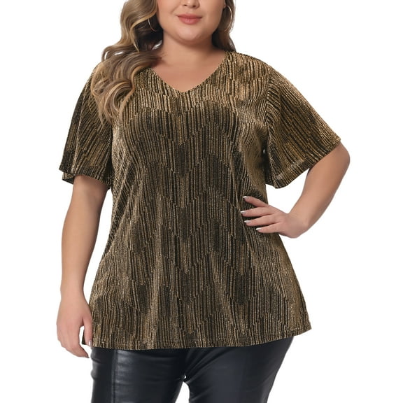 Agnes Orinda Women's Plus Size Blouses V Neck Metallic Short Sleeve T-Shirt Party Tops 2X Gold
