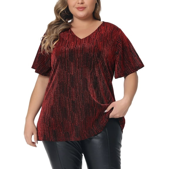 Agnes Orinda Women's Plus Size Blouses V Neck Metallic Short Sleeve T-Shirt Party Tops 3X Burgundy