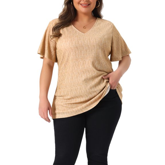Agnes Orinda Women's Plus Size Blouses V Neck Metallic Short Sleeve T-Shirt Party Tops 3X Champagne