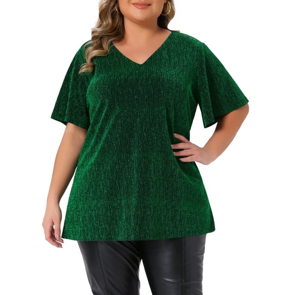 Agnes Orinda Women's Plus Size Blouses V Neck Metallic Short Sleeve T-Shirt Party Tops 3X Green